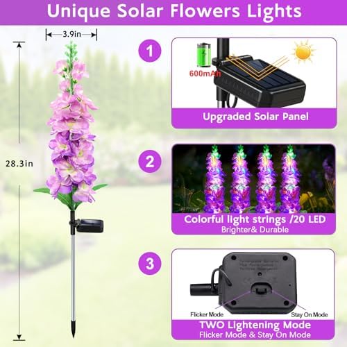 Solar Garden Lights, Solar Purple Delphinium Flowers Lights 4 Pack 80 LEDs, Waterproof Outdoor Light Two, alternate view 2