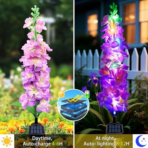 Solar Garden Lights, Solar Purple Delphinium Flowers Lights 4 Pack 80 LEDs, Waterproof Outdoor Light Two, alternate view 4