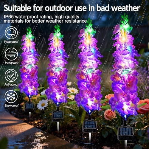 Solar Garden Lights, Solar Purple Delphinium Flowers Lights 4 Pack 80 LEDs, Waterproof Outdoor Light Two, alternate view 5