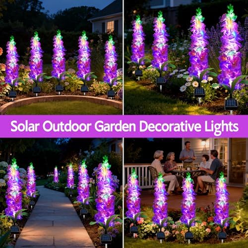 Solar Garden Lights, Solar Purple Delphinium Flowers Lights 4 Pack 80 LEDs, Waterproof Outdoor Light Two, alternate view 7