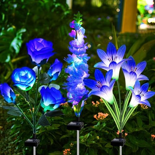 Solar Garden Lights Waterproof, 3 Pack Solar Flowers Lights Includes Lily Rose Delphinium, Gardening Gifts for