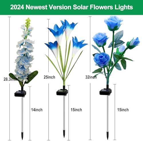 Solar Garden Lights Waterproof, 3 Pack Solar Flowers Lights Includes Lily Rose Delphinium, Gardening Gifts for, alternate