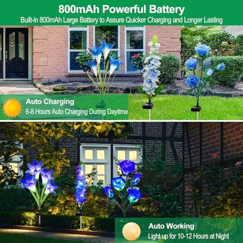 Solar Garden Lights Waterproof, 3 Pack Solar Flowers Lights Includes Lily Rose Delphinium, Gardening Gifts for, alternate