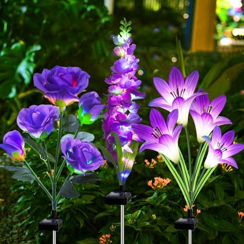 Solar Garden Lights Waterproof, 3 Pack Solar Flowers Lights Includes Lily Rose Delphinium, Gardening Gifts for