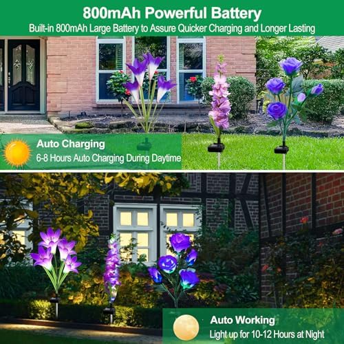 Solar Garden Lights Waterproof, 3 Pack Solar Flowers Lights Includes Lily Rose Delphinium, Gardening Gifts for, alternate