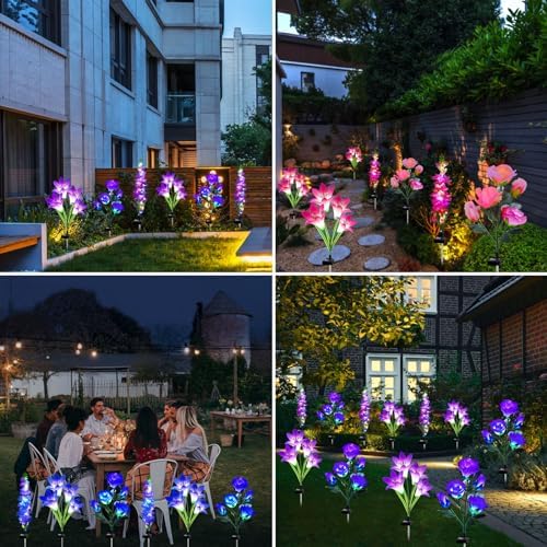 Solar Garden Lights Waterproof, 3 Pack Solar Flowers Lights Includes Lily Rose Delphinium, Gardening Gifts for, alternate