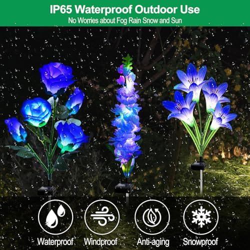 Solar Garden Lights Waterproof, 3 Pack Solar Flowers Lights Includes Lily Rose Delphinium, Gardening Gifts for, alternate