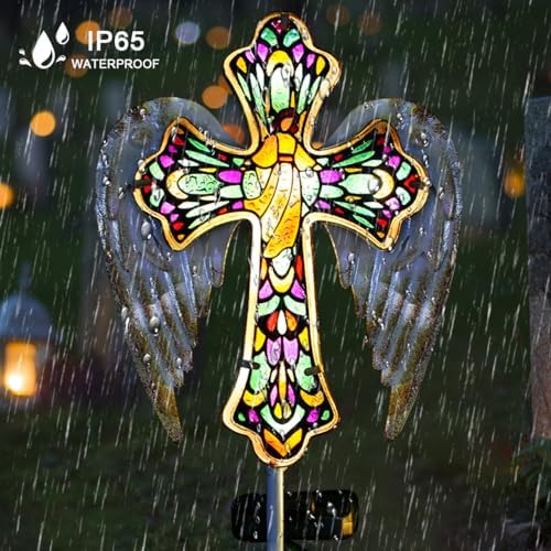 Solar Glass Cross Stake Lights with Angel Wings, alternate view 3