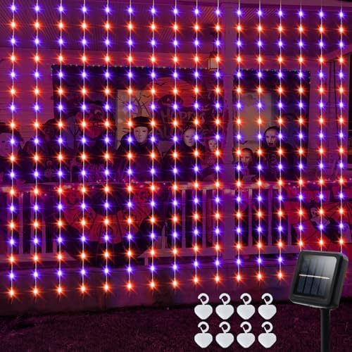 Solar Halloween Curtain Lights, 7.9ft x 6ft Orange Purple Curtain Lights