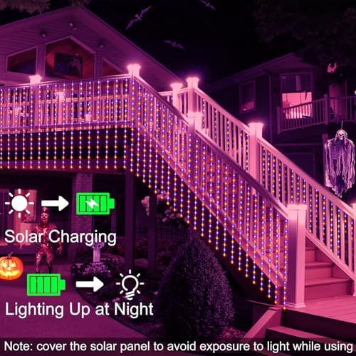Solar Halloween Curtain Lights, 7.9ft x 6ft Orange Purple Curtain Lights, alternate view 4