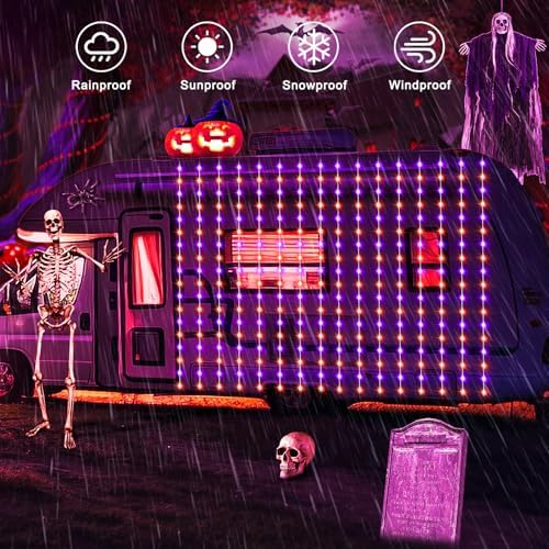 Solar Halloween Curtain Lights, 7.9ft x 6ft Orange Purple Curtain Lights, alternate view 5