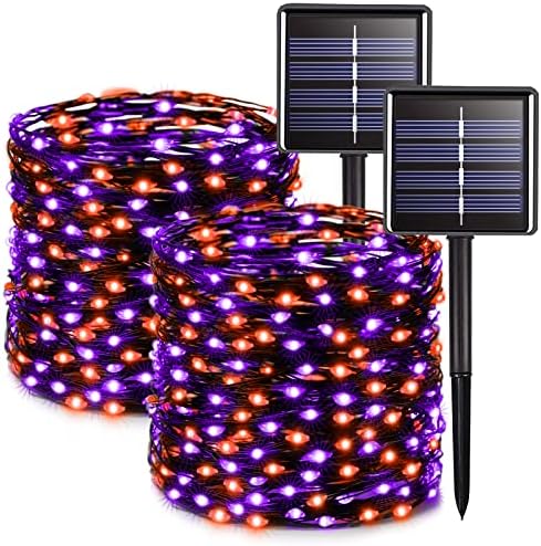Solar Halloween Lights Orange and Purple, 2 Pack Total 200LED 66FT