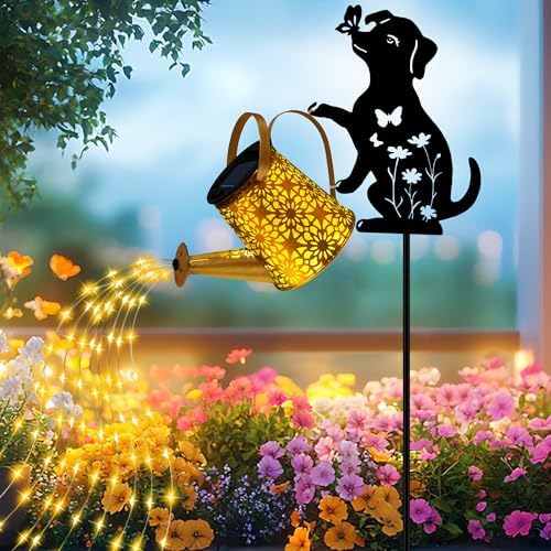 Solar Lights Outdoor Decorative, Watering Can with Cascading Lights, with Dog Silhouette Garden Stakes, Gifts