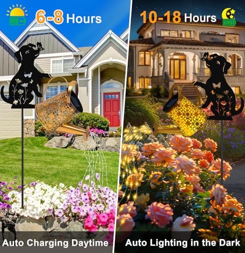 Solar Lights Outdoor Decorative, Watering Can with Cascading Lights, with Dog Silhouette Garden Stakes, Gifts, alternate view