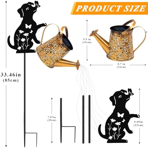 Solar Lights Outdoor Decorative, Watering Can with Cascading Lights, with Dog Silhouette Garden Stakes, Gifts, alternate view
