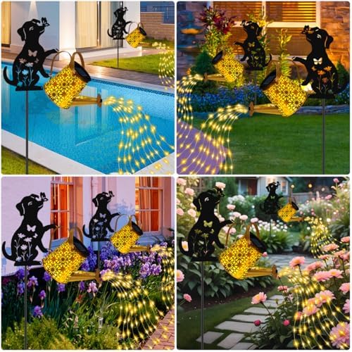 Solar Lights Outdoor Decorative, Watering Can with Cascading Lights, with Dog Silhouette Garden Stakes, Gifts, alternate view