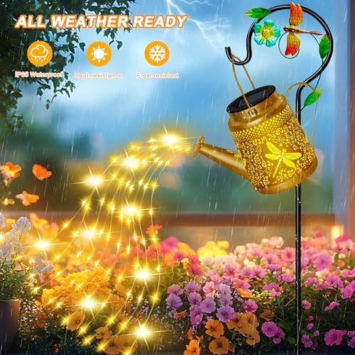 Solar Lights Outdoor, Dragonfly Watering Can Lantern, Garden Decor for Yard in Gold, alternate view 2