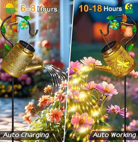 Solar Lights Outdoor, Dragonfly Watering Can Lantern, Garden Decor for Yard in Gold, alternate view 3