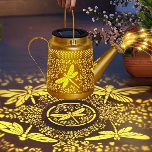 Solar Lights Outdoor, Dragonfly Watering Can Lantern, Garden Decor for Yard in Gold, alternate view 4