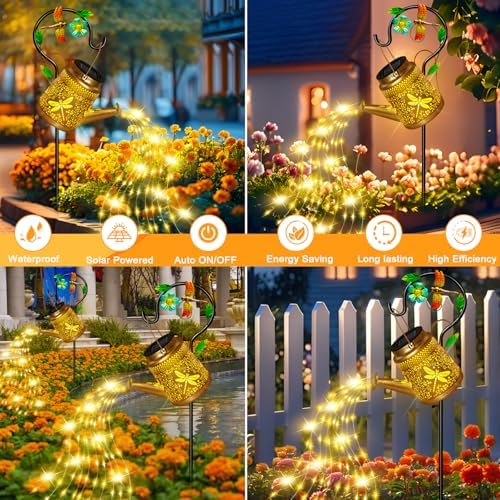 Solar Lights Outdoor, Dragonfly Watering Can Lantern, Garden Decor for Yard in Gold, alternate view 5