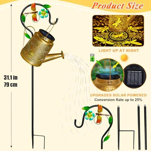 Solar Lights Outdoor, Dragonfly Watering Can Lantern, Garden Decor for Yard in Gold, alternate view 6