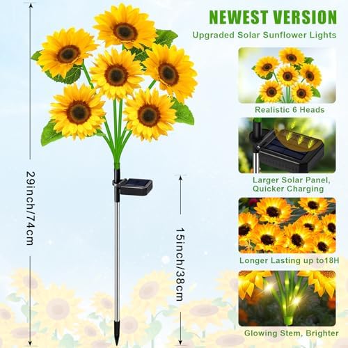 Solar Lights Outdoor Garden Decor 6 Pack, 36 Sunflower, Waterproof, alternate view 2