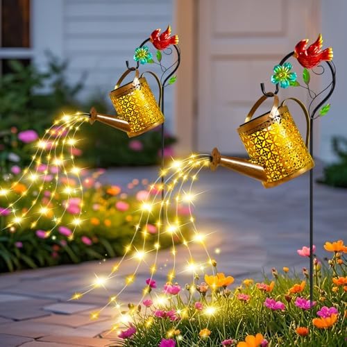 Solar Lights Outdoor, Watering Can with Cascading Lights, Watering Can with Hook Solar Lantern, Gardening Decor