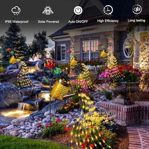 Solar Lights Outdoor, Watering Can with Cascading Lights, Watering Can with Hook Solar Lantern, Gardening Decor, alternate