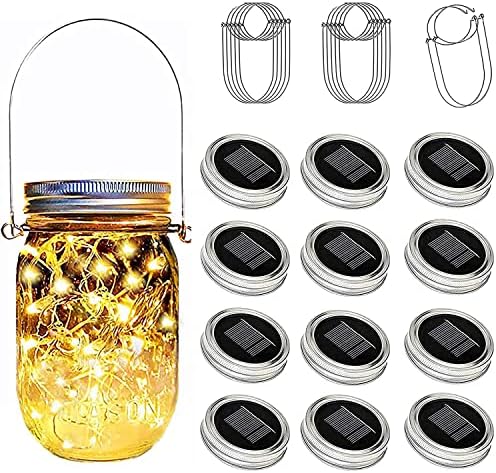 Solar Mason Jar Lights Lids, 12 Pack 30 Led Fairy Lights(Jars Not Included), Outdoor Hanging Mason Jar Solar