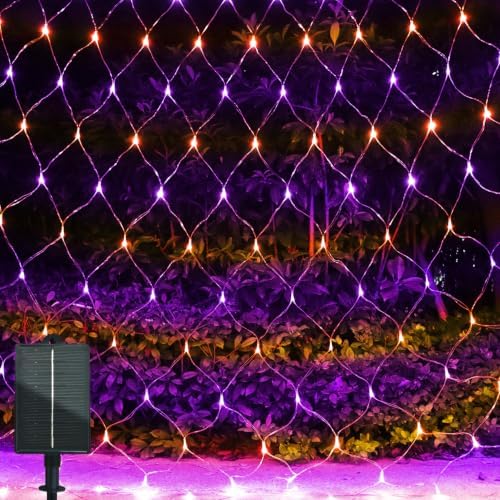 Solar Net Lights Outdoor Mesh 100LED Christmas Lights Purple&Orange