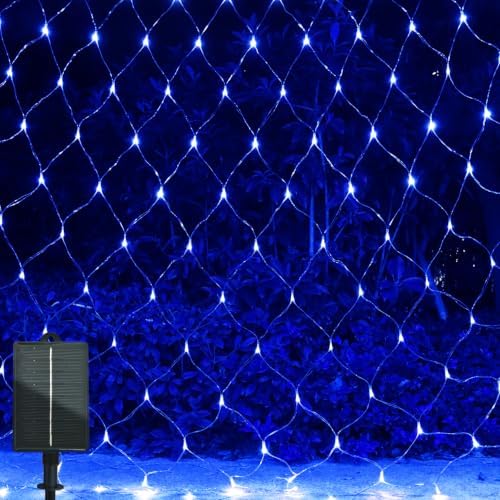 Solar Net Lights Outdoor Mesh 100LED String Christmas Lights (Blue) in Blue