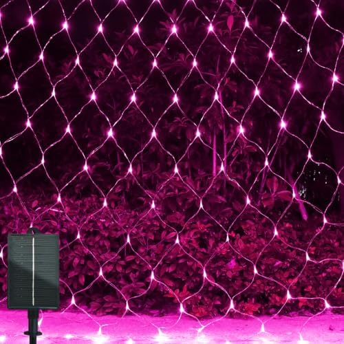 Solar Net Lights Outdoor Mesh 100LED String Christmas Lights (Pink) in Pink