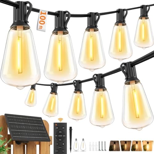 Solar Outdoor String Lights Waterproof, 100FT Remote Control LED Outside Lights with Shatterproof Bulbs