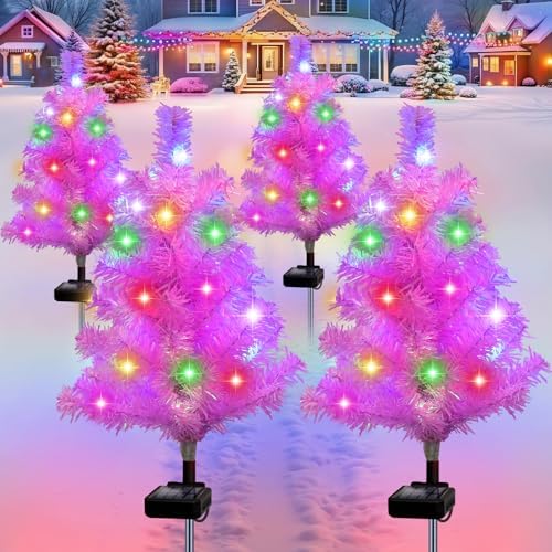 Solar Pink Christmas Tree Garden Stake 4 Pack Outdoor Christmas Tree Yard
