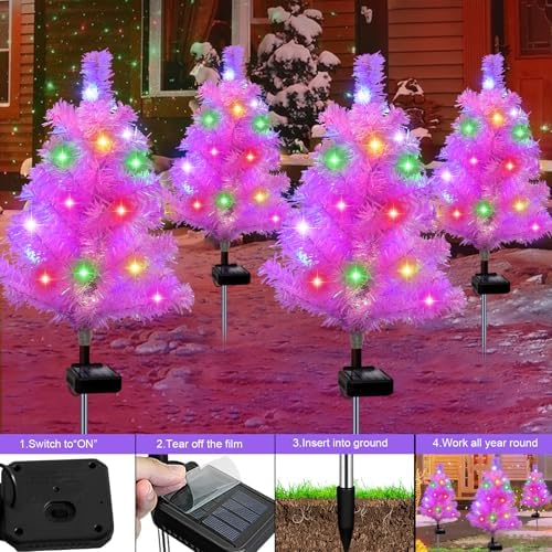 Solar Pink Christmas Tree Garden Stake 4 Pack Outdoor Christmas Tree Yard, alternate view 4