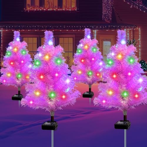 Solar Pink Christmas Tree Garden Stake 4 Pack Outdoor Christmas Tree Yard, alternate view 6