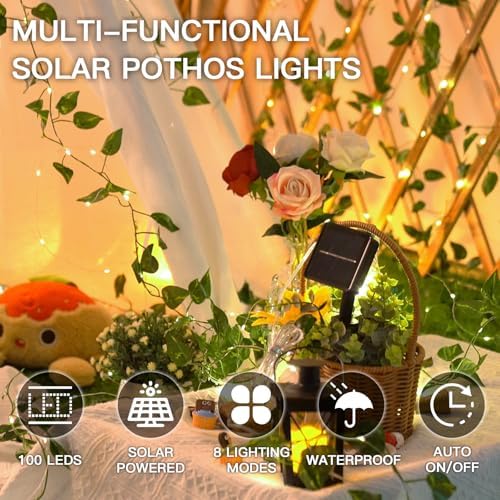 Solar Pothos String Lights 33ft 100LED Vines with Lights Warm White in Pothos, alternate view 2