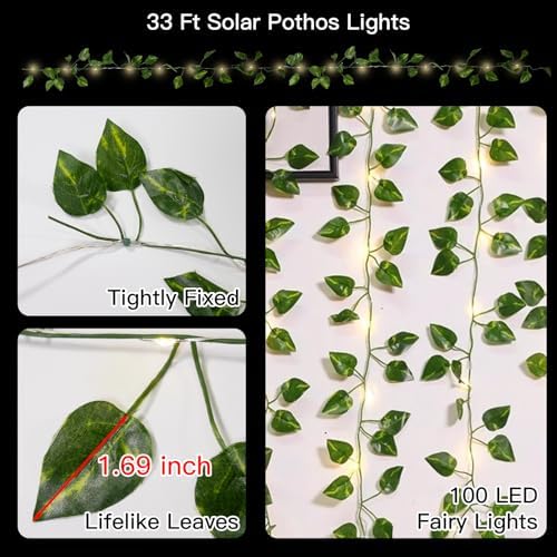 Solar Pothos String Lights 33ft 100LED Vines with Lights Warm White in Pothos, alternate view 6