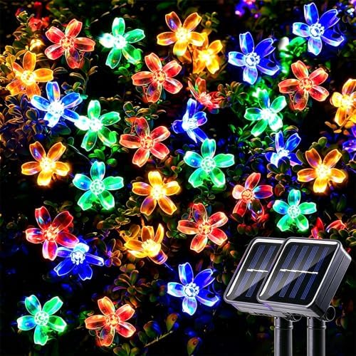 Solar String Flower Lights Outdoor 2 Pack 200 LED 80Ft Multi-Color Christmas Fairy Lights with 8 Lighting Modes