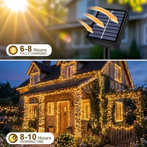 Solar String Lights 2 Pack Total 66FT 200LED Solar Fairy Lights Outdoor Waterproof 8 Lighting Modes Twinkle, alternate view 3