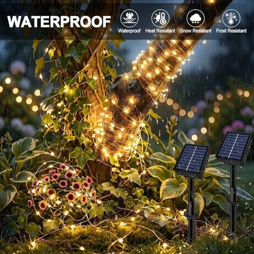Solar String Lights 2 Pack Total 66FT 200LED Solar Fairy Lights Outdoor Waterproof 8 Lighting Modes Twinkle, alternate view 4