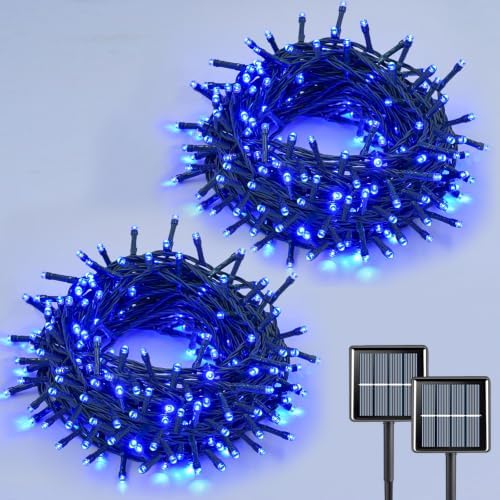 Solar String Lights Outdoor Waterproof, 2 Packs Each 33ft 100 LED Blue Lights, 8 Modes Twinkle Light for