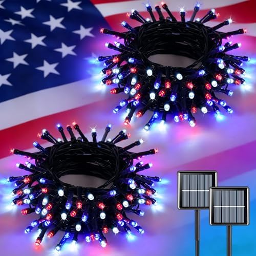 Solar String Lights Outdoor Waterproof, 2 Packs Each 33ft 100 LED Red White Blue Lights, 8 Modes 4th of July