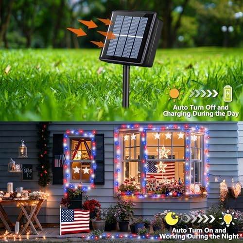 Solar String Lights Outdoor Waterproof, 2 Packs Each 33ft 100 LED Red White Blue Lights, 8 Modes 4th of July, alternate view