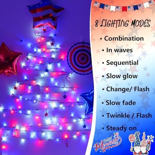 Solar String Lights Outdoor Waterproof, 2 Packs Each 33ft 100 LED Red White Blue Lights, 8 Modes 4th of July, alternate view