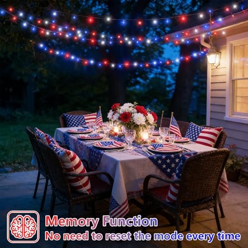 Solar String Lights Outdoor Waterproof, 2 Packs Each 33ft 100 LED Red White Blue Lights, 8 Modes 4th of July, alternate view