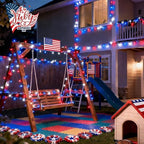 Solar String Lights Outdoor Waterproof, 2 Packs Each 33ft 100 LED Red White Blue Lights, 8 Modes 4th of July, alternate view