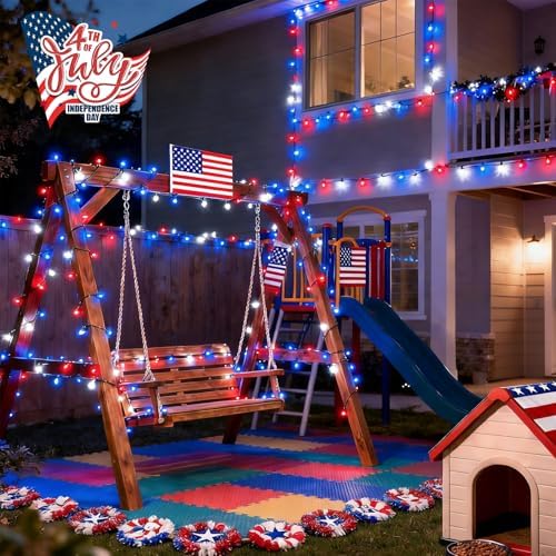 Solar String Lights Outdoor Waterproof, 2 Packs Each 33ft 100 LED Red White Blue Lights, 8 Modes 4th of July, alternate view