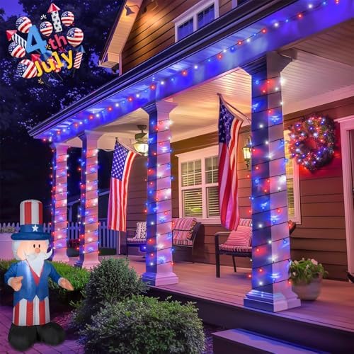 Solar String Lights Outdoor Waterproof, 2 Packs Each 33ft 100 LED Red White Blue Lights, 8 Modes 4th of July, alternate view