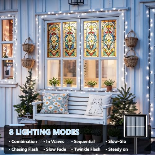 Solar String Lights Outdoor Waterproof, 2 Packs Each 33ft 100 LED White Lights, 8 Modes Twinkle Light for, alternate view 2